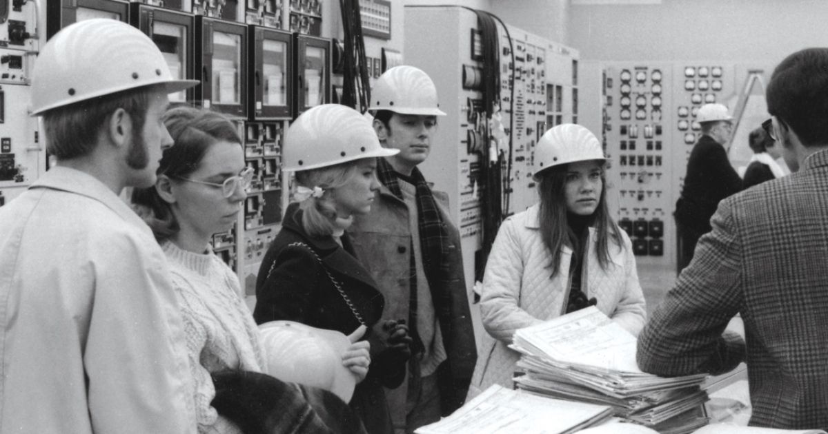 Students from the Legal Environment Group, a precursor to the Virginia Environmental Law Forum, tour the nuclear Surry Power Station in Virginia in 1971. 