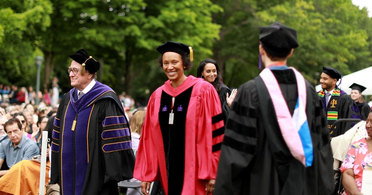 Professor John C. Jeffries Jr. ’73 and Kimberly Jenkins Robinson lead the faculty procession.