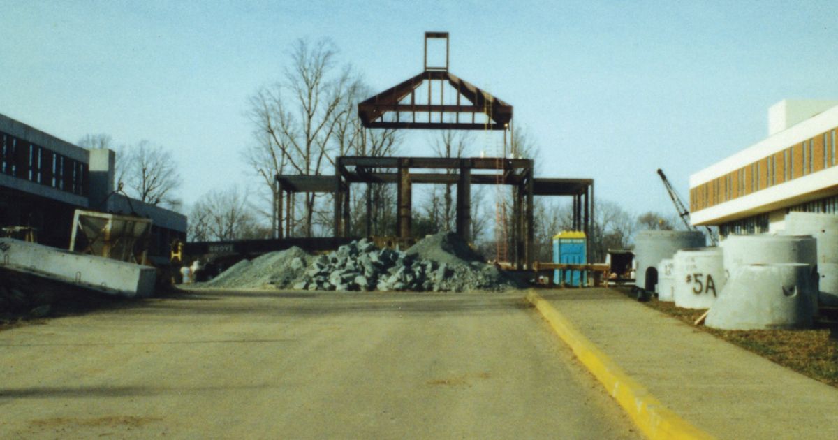 The steel foundation of Caplin Pavilion, which would change the face of the Law School, takes form circa 1996. 