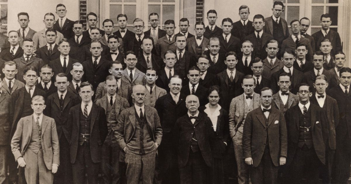Elizabeth N. Tompkins ’23 (bottom row, center), the first woman to graduate from the Law School, is pictured with her class in 1923. 