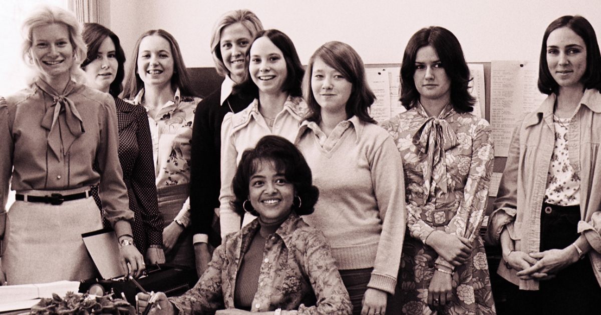 Admissions Director Carole Spears (seated) poses with the staff of the Law School Admissions Office, circa 1976. 
